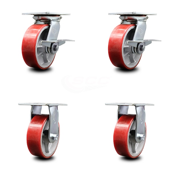 6 Inch Red Poly on Cast Iron Caster Set with Roller Bearing 2 Brakes 2 Rigid